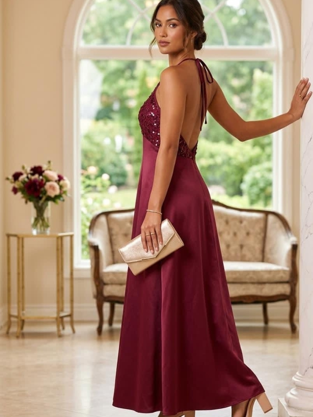 Bari Jay Burgundy Sequin Halter Backless Evening Dress• Size 4